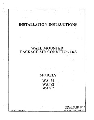 Bard WA421/WA482/WA602 Wall-Mounted Air Conditioner Installation Guide - cover page