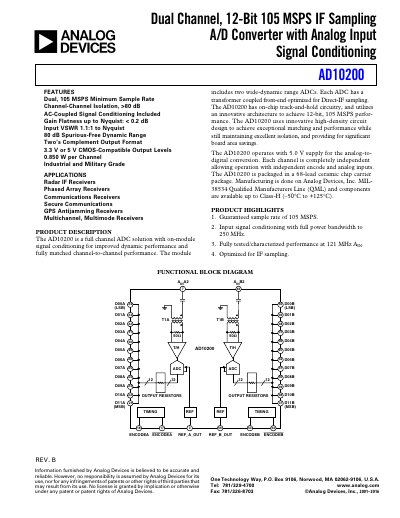 Analog Devices AD10200 Dual Channel 12-Bit IF Sampling A/D Converter Datasheet - cover page