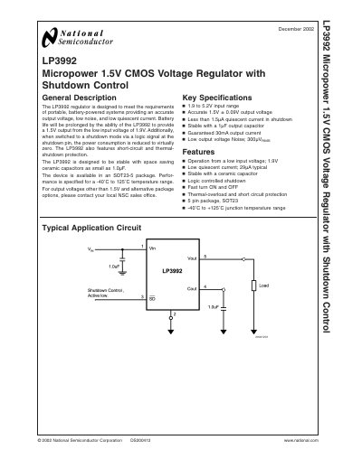 National Semiconductor LP3992 Micropower 1.5V CMOS Voltage Regulator Datasheet - cover page