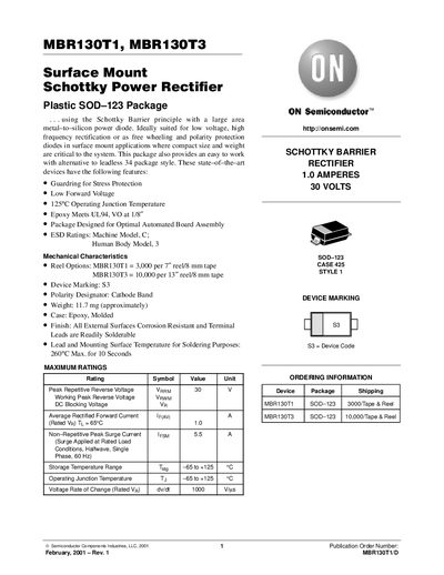 ON Semiconductor MBR130T1/DMBR130T1, MBR130T3 Surface Mount Schottky Power Rectifier Datasheet - cover page