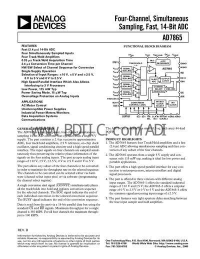 Analog Devices AD7865 14‑Bit ADC Datasheet - cover page