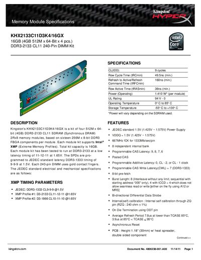 Kingston KHX2133C11D3K4/16GX Memory Module Specifications - cover page