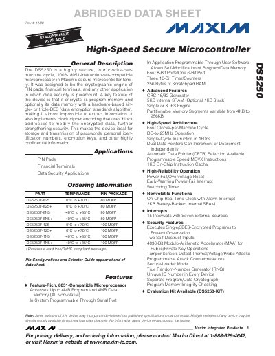 Maxim DS5250 High-Speed Secure Microcontroller Datasheet - cover page