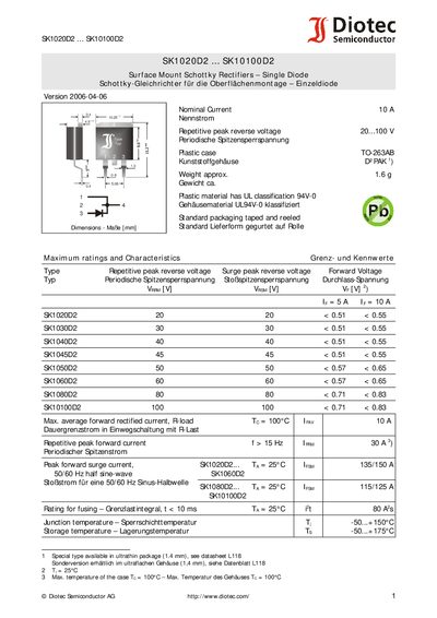 Diotec SK1020D2‑SK10100D2 Surface‑Mount Schottky Rectifier Datasheet - cover page
