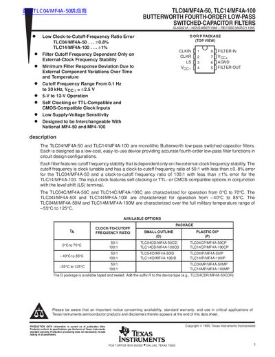 Texas Instruments TLC04/MF4A-50, TLC14/MF4A-100 Butterworth Fourth-Order Low-Pass Switched-Capacitor Filters Datasheet - cover page