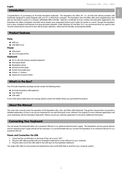 M-Audio Keystation 61es USB Keyboard User Guide - cover page