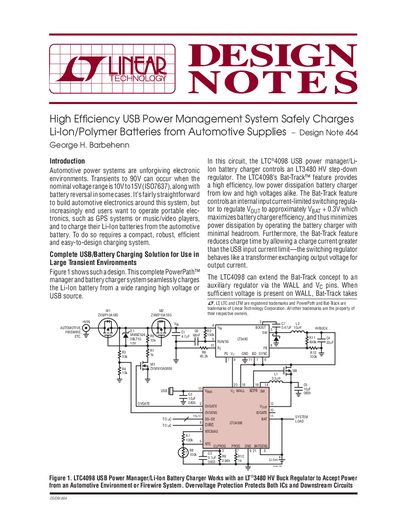 Design Note 464: High Efficiency USB Power Management System Safely Charges Li-Ion/Polymer Batteries from Automotive Sup - cover page
