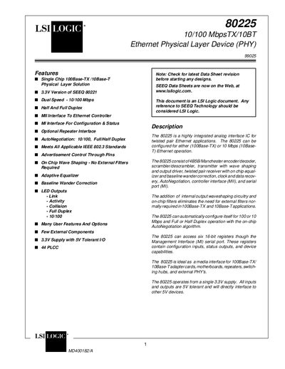 LSILOGIC 80225 10/100 MbpsTX/10BT Ethernet Physical Layer Device (PHY) Manual