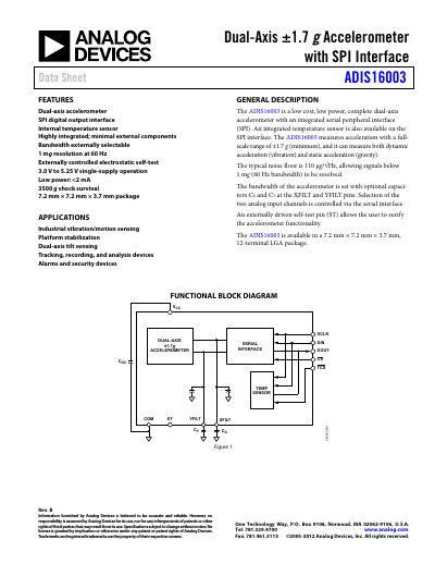 Analog Devices ADIS16003 Accelerometer Data Sheet - cover page