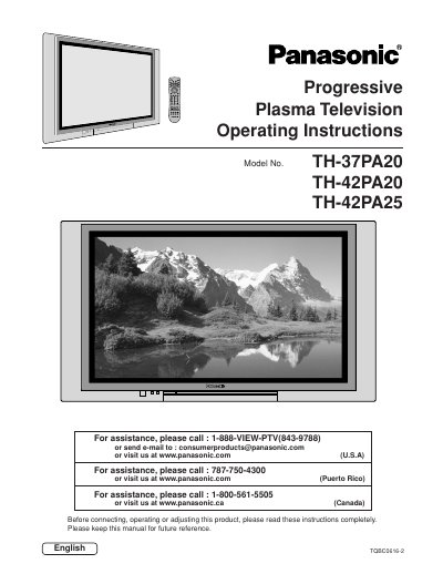 Panasonic TH-37PA20/TH-42PA20/TH-42PA25 Plasma Television Operating Instructions