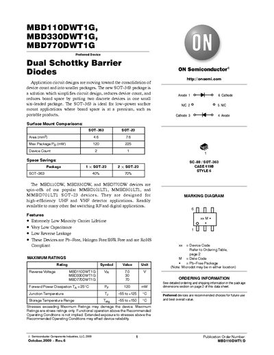 ON Semiconductor MBD110DWT1G / MBD330DWT1G / MBD770DWT1G Datasheet - cover page
