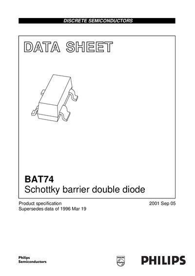 Philips BAT74 Schottky Barrier Double Diode Datasheet - cover page
