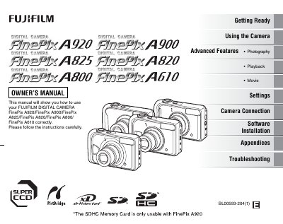 Fujifilm FinePix A920/A900/A825/A820/A800/A610 Camera Owner's Manual