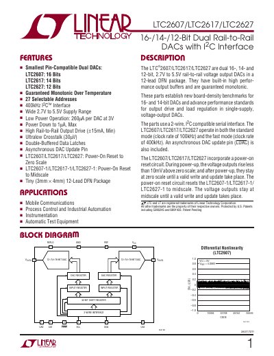 Linear Technology LTC2607/LTC2617/LTC2627 Dual Rail‑to‑Rail DAC Datasheet - cover page