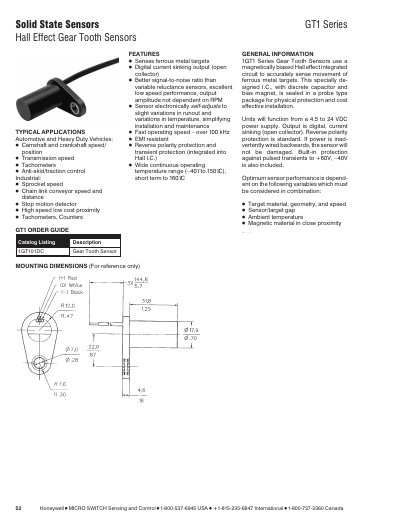 Honeywell GT1 Gear Tooth Sensor Datasheet - cover page