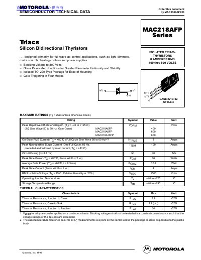 Motorola MAC218AFP Series Isolated Triac Datasheet