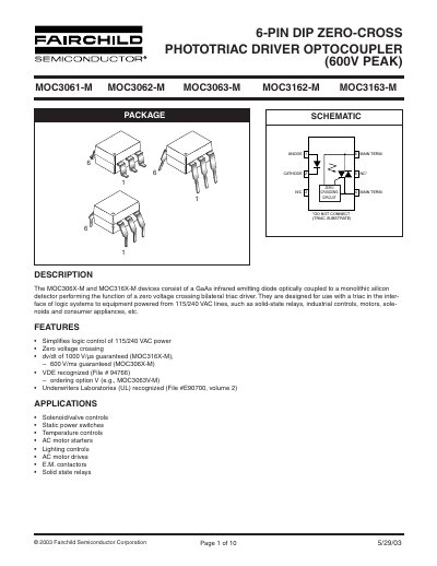 FAIRCHILD MOC3061-M MOC3062-M MOC3063-M MOC3162-M MOC3163-M handbook