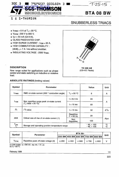 SGS-THOMSON BTA08 BW Snubberless Triac Datasheet - cover page