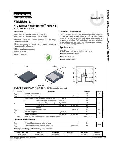 Fairchild FDMS8018 N-Channel MOSFET Datasheet - cover page