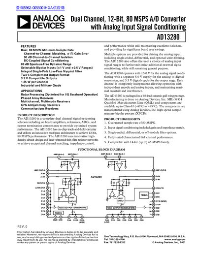 ANALOG DEVICES AD13280 Dual Channel 12-Bit 80 MSPS A/D Converter with Analog Input Signal Conditioning handbook - cover page