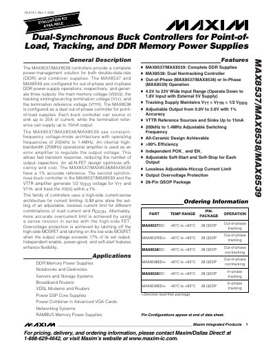 Maxim MAX8537/MAX8538/MAX8539 Dual‑Synchronous Buck Controller Datasheet - cover page