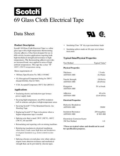 3M 69 Glass Cloth Electrical Tape Data Sheet - cover page
