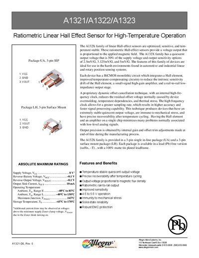 Allegro MicroSystems A1321/A1322/A1323 Ratiometric Linear Hall Effect Sensor Datasheet - cover page