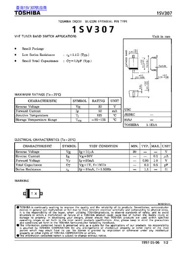 Toshiba 1SV307 VHF Tuner Band Switch Datasheet - cover page