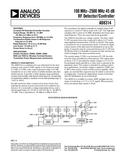 Analog Devices AD8314 Logarithmic Amplifier Datasheet