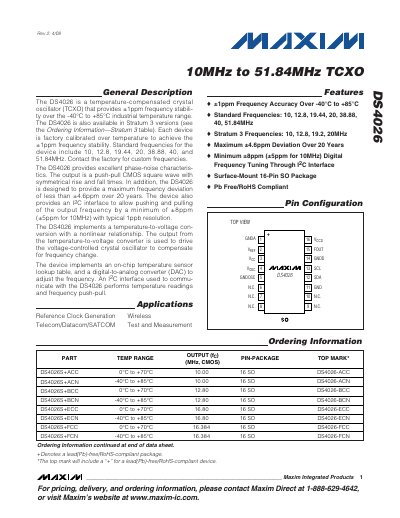 Maxim Integrated DS4026 Temperature‑Compensated Crystal Oscillator Datasheet - cover page