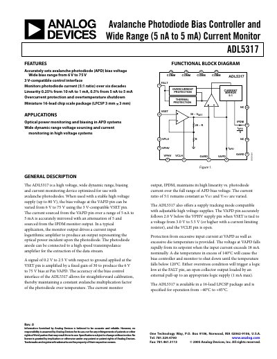 Analog Devices ADL5317 Avalanche Photodiode Bias Controller Datasheet - cover page