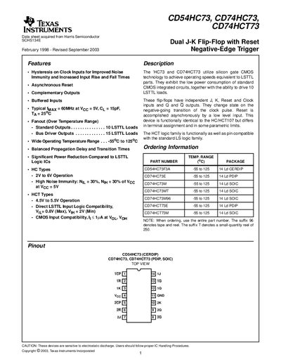 Texas Instruments CD54HC73 / CD74HC73 / CD74HCT73 Dual J‑K Flip‑Flop with Reset Negative‑Edge Trigger Datasheet - cover page