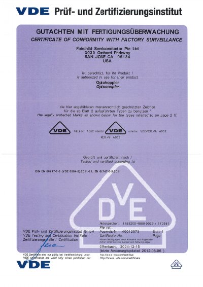 VDE Certificate of Conformity for Fairchild Semiconductor Optocouplers - cover page