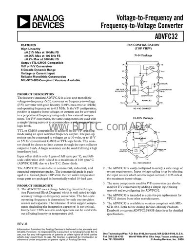 Analog Devices ADVFC32 Voltage-to-Frequency and Frequency-to-Voltage Converter Datasheet - cover page