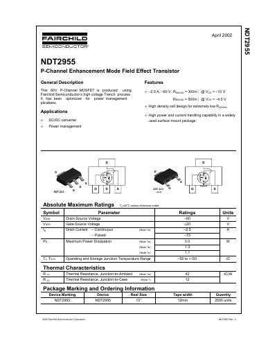 Fairchild NDT2955 P-Channel MOSFET Datasheet - cover page