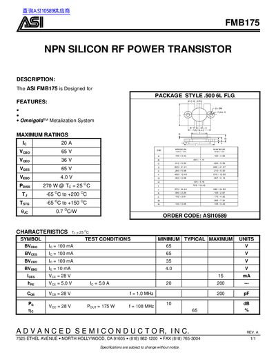 ASI FMB175 NPN Silicon RF Power Transistor Datasheet - cover page