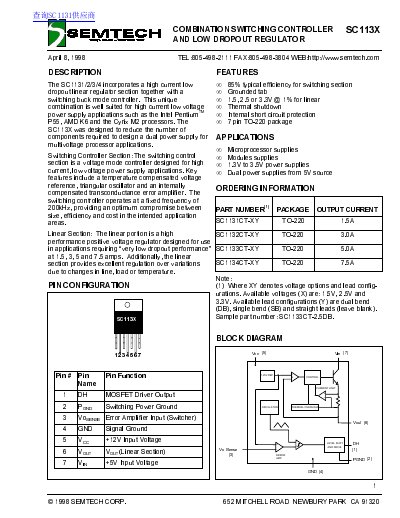 Semtech SC113X Combination Switching Controller and Low Dropout Regulator Datasheet - cover page