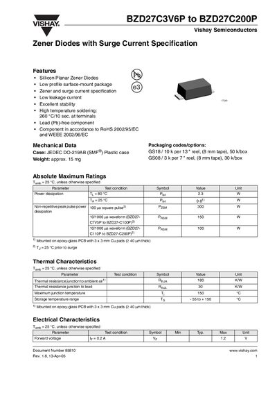 TAIWAN SEMICONDUCTOR - BZD27C3V6P to BZD27C200P Zener Diodes with Surge Current Specification handbook - cover page