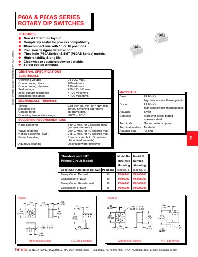 APEM P60A & P60AS Series Rotary DIP Switches Specification Sheet - cover page