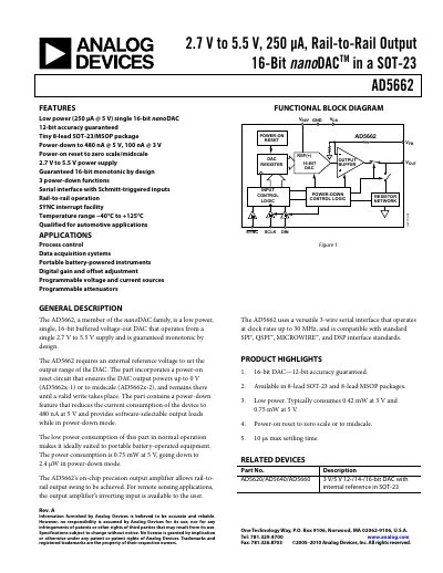 Analog Devices AD5662 16‑bit nano DAC Datasheet - cover page