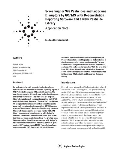 Agilent Screening for 926 Pesticides Endocrine Disruptors by GC/MS with Deconvolution Reporting Software a New Pesticide Library Manual - cover page