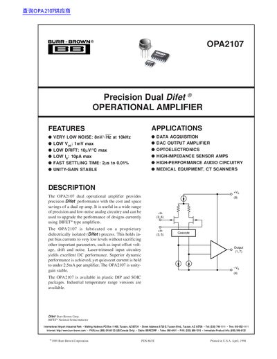 Burr-Brown OPA2107 Precision Dual Difet Operational Amplifier Datasheet - cover page