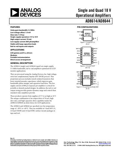 Analog Devices AD8614/AD8644 Operational Amplifier Datasheet - cover page