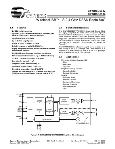 Cypress CYWUSB6932 / CYWUSB6934 WirelessUSB LS 2.4 GHz DSSS Radio SoC Datasheet - cover page
