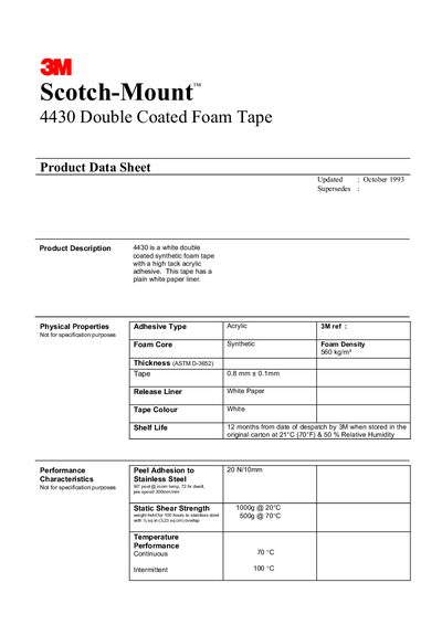 3M 4430 Double Coated Foam Tape Product Data Sheet - cover page