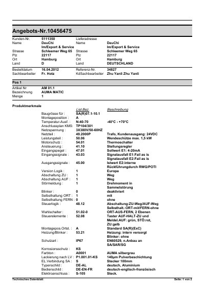 AUMA SA(R)07.1-10.1 Actuator Technical Data Sheet - cover page