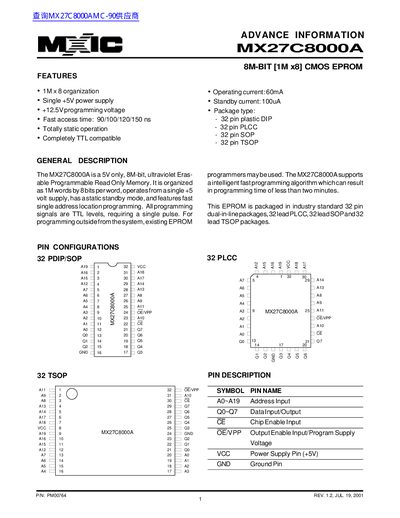 MXIC MX27C8000A 8M-BIT [1M x8] CMOS EPROM ADVANCE INFORMATION - cover page