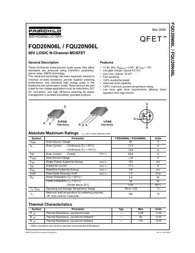 Fairchild Semiconductor FQD20N06L/FQU20N06L 60V Logic N-Channel MOSFET Datasheet