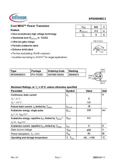 INFINEON SPD06N80C3 Cool MOS Power Transistor Manual - cover page