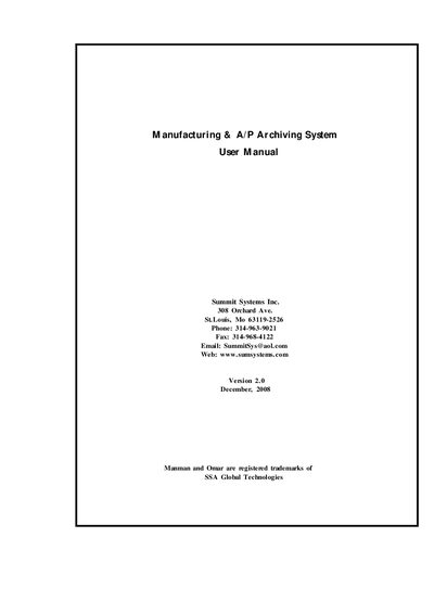 Summit Systems Manufacturing & A/P Archiving System Version 2.0 User Manual - cover page